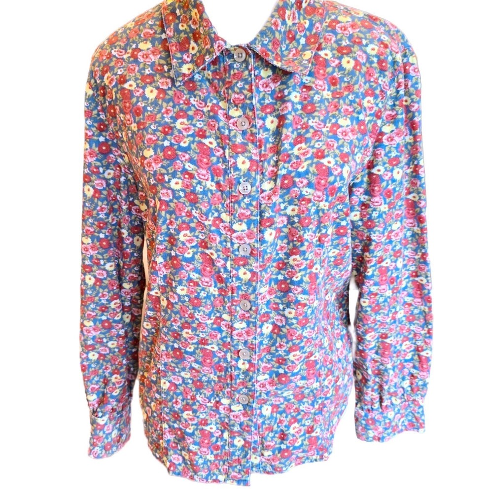 NorthStyle Floral Corduroy Shirt Jacket Womens M Blue Red Cottagecore Button Up‎